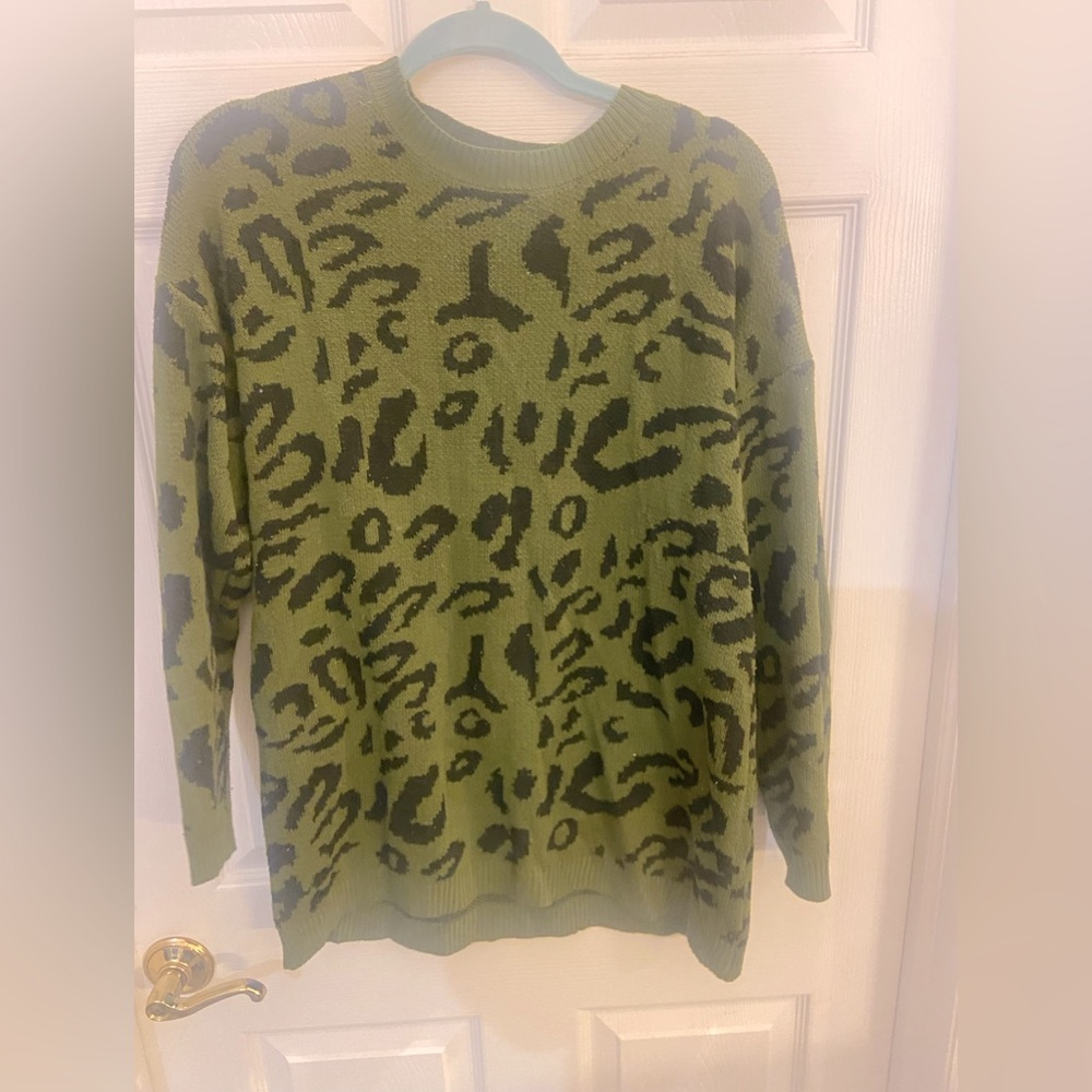 Olive green and black sweater with animal print. Size small